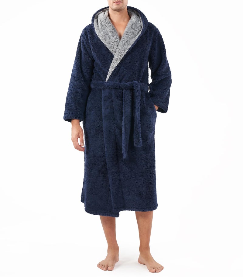 DAVID ARCHY Men's Soft Plush Fleece Robe Full Length Hooded Long Bathrobe for Men with Hood (L, Navy Blue- Shu Velveteen) - Image 1
